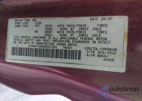 1998 Toyota Tacoma Base V6 z USA, uszkodzony, nr VIN 4TAWN72N8WZ051355